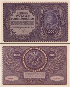 POLSKA, 1000 MAREK POLSKICH 23.8.1919, II Serja T, Parch. 71c
