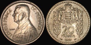 Monako, 20 Francs 1947, KM 124