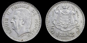 Monako, 5 Francs 1945, KM 122