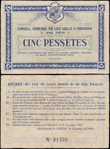 ANDORA 5 PESSETES 1936, I Emisja, Pick 3