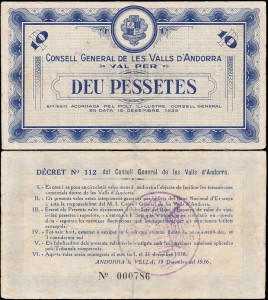 ANDORA 10 PESSETES 1936, I Emisja, Pick 4