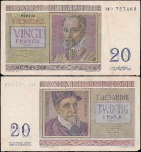 BELGIA 20 FRANCS 3.4.1956 Pick 132b