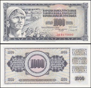 JUGOSŁAWIA, 1000 DINARA 1981, Replacement, seria ZB, Pick 92dR
