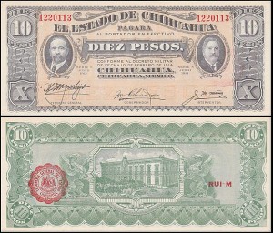 MEKSYK - CHIHUAHUA, 10 PESOS VI.1915, ser. N, num. 7 cyfr Pick S535a1