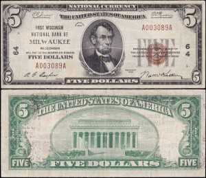 STANY ZJEDNOCZONE	5 DOLLARS	1929, FIRST WISCONSIN NATIONAL BANK OF MILWAUKEE, Seria A A, Brown Seal 