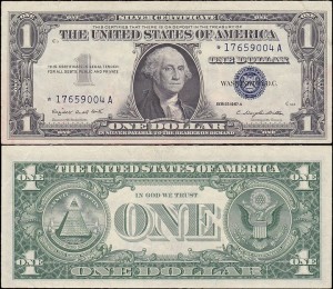 STANY ZJEDNOCZONE 1 DOLLAR 1957A, Silver Certyficate Blue Seal, zastępcza, * Seria A, Pick 419a
