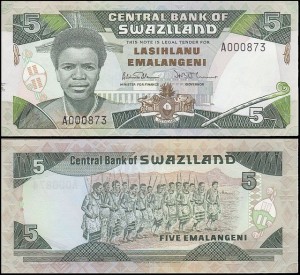SWAZILAND, 5 EMALANGENI (1987), seria A, niski numer-3cyfrowy, Pick 14a