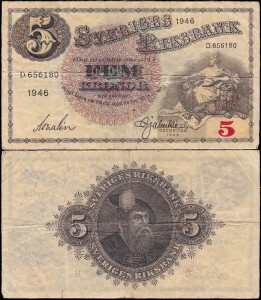 SZWECJA 5 KRONOR 1946, jak 33ac1 ale drugi podpis Inny, Pick 33ac