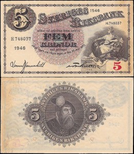 SZWECJA 5 KRONOR 1946, jak 33ac2 ale drugi podpis Inny, Pick 33ac