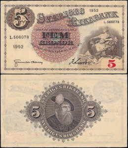 SZWECJA 5 KRONOR 1952, jak 33ai5 ale drugi podpis Inny, Pick 33ai