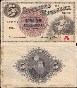 SZWECJA 5 KRONOR 1952, jak 33ai7 ale drugi podpis Inny, Pick 33ai