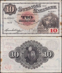 SZWECJA 10 KRONOR 1939, jak 34v6 ale drugi podpis Inny, Pick 34v