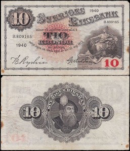 SZWECJA 10 KRONOR 1940, jak 34w1 ale drugi podpis Inny, Pick 34w