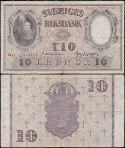 SZWECJA 10 KRONOR 1949, podpisy nienot. W banknote.ws, Pick 40j