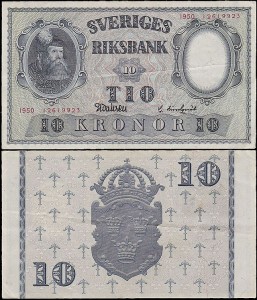 SZWECJA 10 KRONOR 1950, podpisy nienot. w banknote.wsPick, 40k