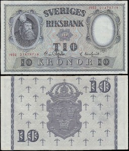 SZWECJA 10 KRONOR 1952, jak 40m1 ale drugi podpis Inny, Pick 40m1