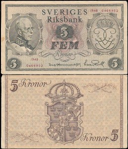 SZWECJA 5 KRONOR 1948 Pick 41a