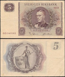 SZWECJA 5 KRONOR 1959 Pick 42d