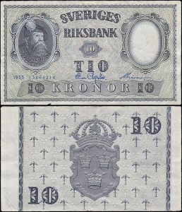 SZWECJA 10 KRONOR 1953, jak 43a1 ale drugi podpis Inny, Pick 43a1