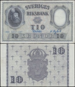 SZWECJA 10 KRONOR 1953, jak 43a8 ale drugi podpis Inny, Pick 43a8