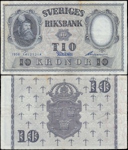 SZWECJA 10 KRONOR 1958, jak 43f10 ale drugi podpis Inny, Pick 43f10