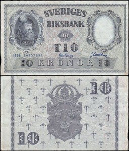 SZWECJA 10 KRONOR 1958, jak 43f16 ale drugi podpis Inny, Pick 43f16