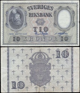SZWECJA 10 KRONOR 1958, jak 43f22 ale drugi podpis Inny, Pick 43f22