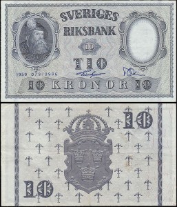 SZWECJA 10 KRONOR 1959, jak 43g8 ale drugi podpis Inny, Pick 43g8