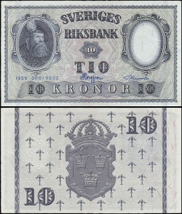 SZWECJA 10 KRONOR 1959, jak 43g10 ale drugi podpis Inny, Pick 43g10