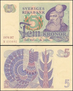 SZWECJA 5 KRONOR 1976, litera BT po dacie Pick 51c