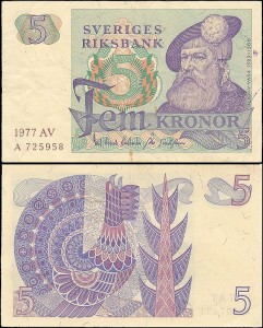 SZWECJA 5 KRONOR 1977, litera AV po dacie Pick 51c