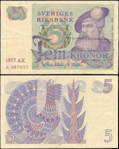 SZWECJA 5 KRONOR 1977, litera AX po dacie Pick 51c