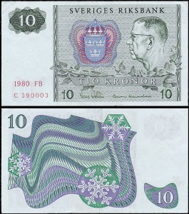 SZWECJA 10 KRONOR 1980, litera FB po dacie Pick 52e