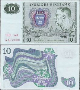 SZWECJA 10 KRONOR 1981, litera AA po dacie Pick 52e
