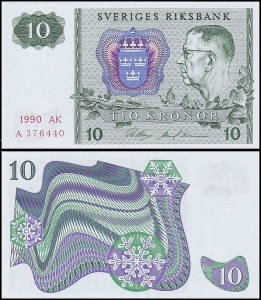 SZWECJA 10 KRONOR 1990, litera AK po dacie Pick 52e