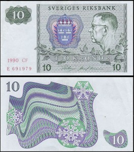 SZWECJA 10 KRONOR 1990, litera CF po dacie Pick 52e