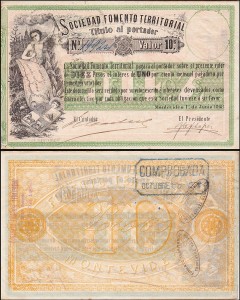 URUGWAJ, 10 PESOS 1868, Sociedad Fomento Territorial, Pick S481
