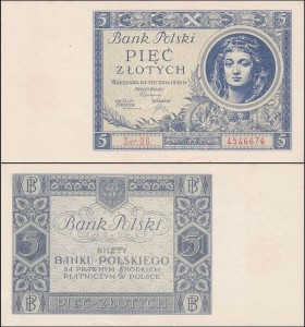 POLSKA, 5 ZŁOTYCH 2.1.1930, Seria DG, Parch. 86b