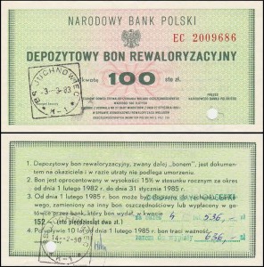 PRL - DEPOZYTOWY BON REWALORYZACYJNY, 100 ZŁOTYCH 27.I.1982, Ser. EC