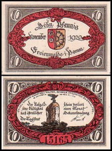 CHOCIWEL - FREIENWALDE 10 FENIGÓW XI.1920, Pomnik z 1813, numer czarny, 5 cyfr