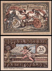 CHOCIWEL - FREIENWALDE 25 FENIGÓW 1920, Amorek / Rycerz i Kupiec, numer czarny, 5 cyfr