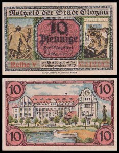 GŁOGÓW - GLOGAU 10 FENIGÓW Do 31.XII.1920, Reihe V, Pałac z Zegarem