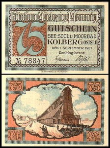 KOŁOBRZEG - KOLBERG 75 FENIGÓW 1.IX.1921, niebieski, tężnie