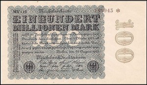 NIEMCY, 100 MILIONÓW MAREK 1923, zn. fir. MV, 6 cyfr, rozeta po nr., Pick 107d1