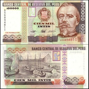 PERU, 100000 INTIS 1989, B de M, seria A, Pick 145