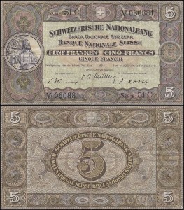 SZWAJCARIA, 5 FRANKEN 1952, seria 51 C, Pick 11o2