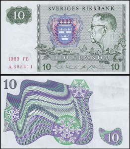SZWECJA 10 KRONOR 1989, litera FB po dacie Pick 52e
