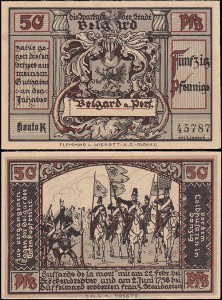BIAŁOGARD - BELGARD, 50 FENIGÓW b.r. Czarni Huzarzy w 1758r, Konto K
