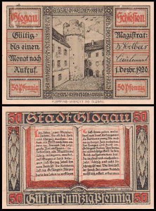 ŁOGÓW - GLOGAU 50 FENIGÓW 1.XII.1920, Wieża Głodowa