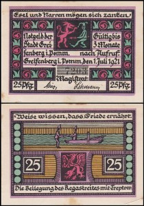 GRYFICE - GREIFFENBERG in POMMERN, 25 FENIGÓW 1.VII.1921, nr. 4 cyfry